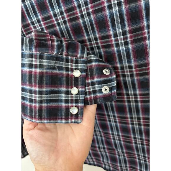 Wrangler Pearl Snap Shirt – Men’s XL – Black Maroon White Blue Plaid Western - Picture 4 of 8